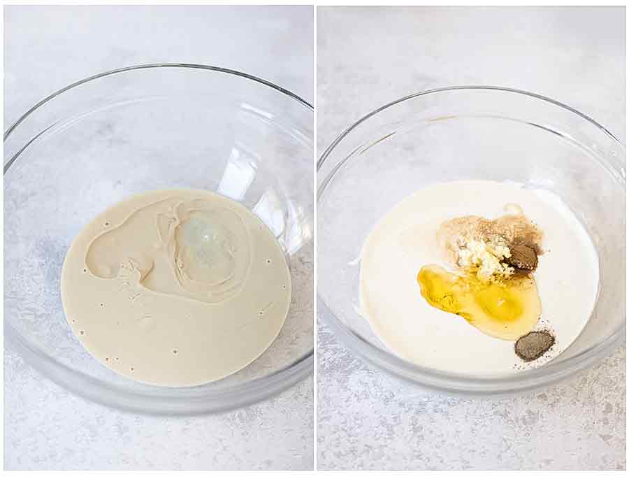 In a mixing bowl, mix tahini and water well using a fork