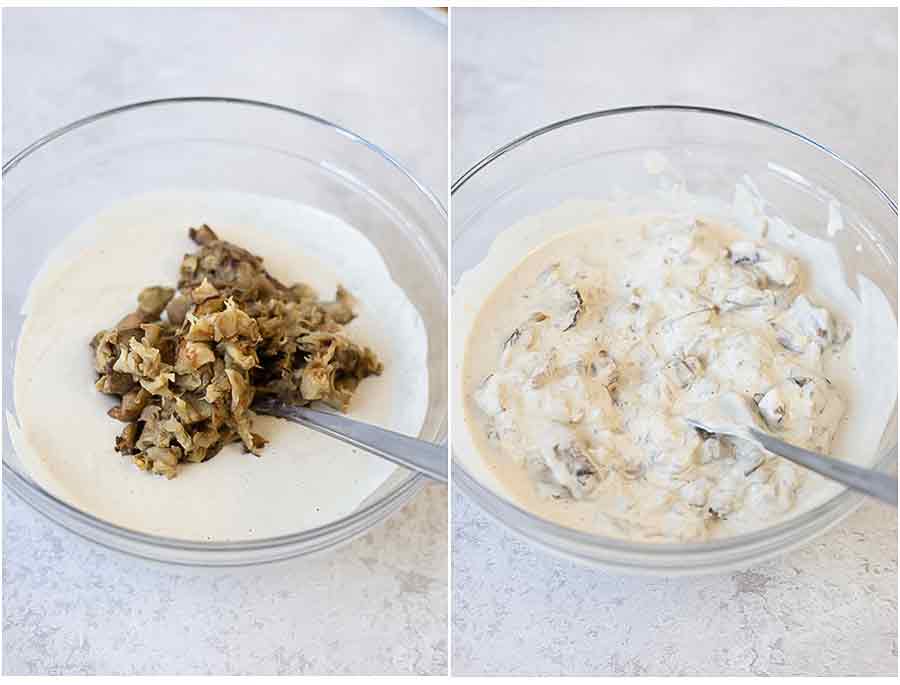 Add the mashed aubergine to the tahini mixture and stir well.