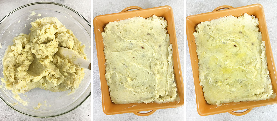 Transfer the mashed potatoes into a baking dish, pour over 1 tablespoon of melted butter.