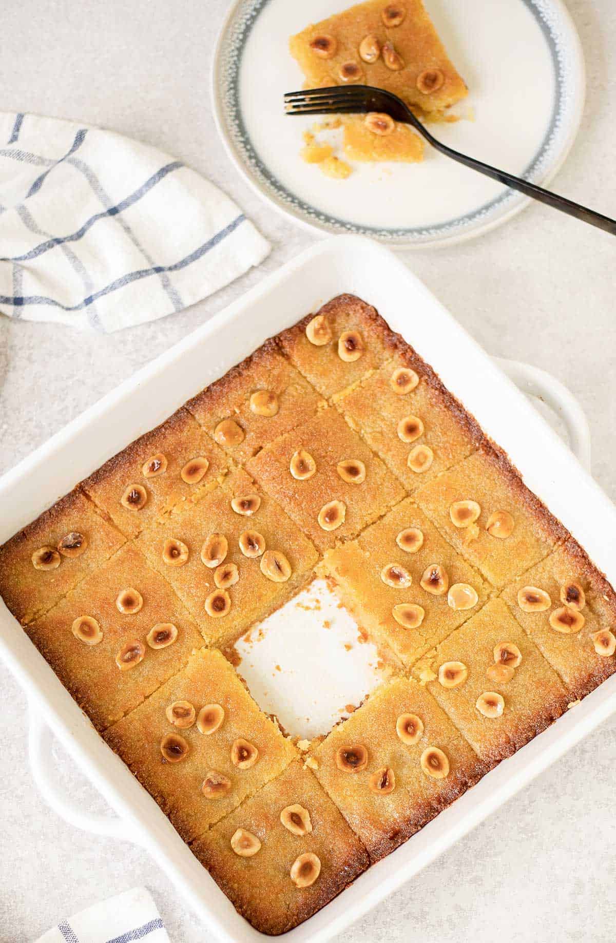 Egyptian Basbousa in a baking pan.