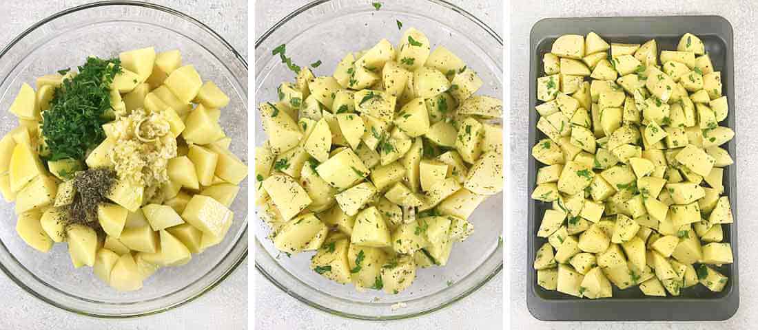 mix potatoes, garlic, parsley, salt, thyme and oil, and spread on a baking sheet.