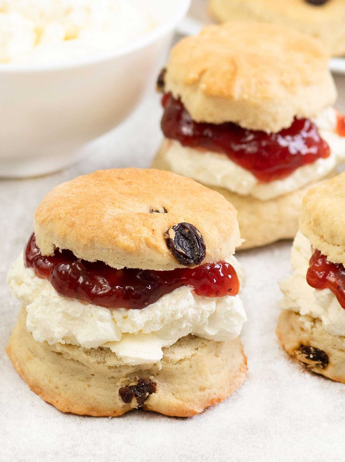 Sultana Scones filled with cream and jam