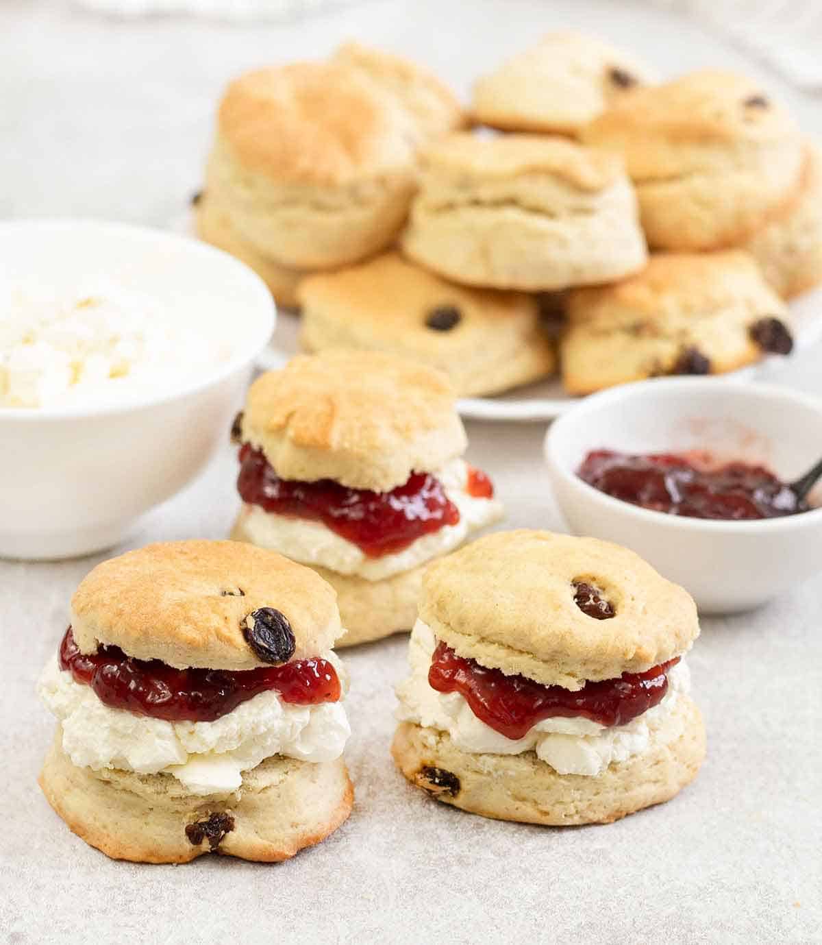 Sultana Scones filled with cream and jam