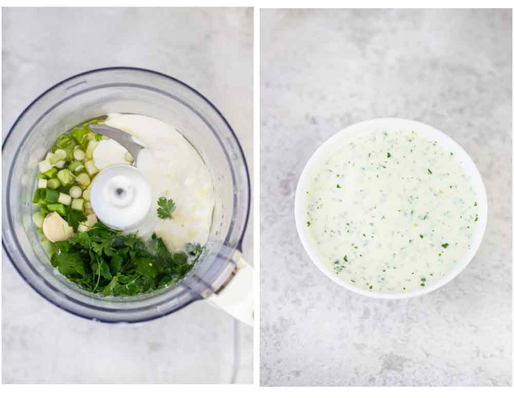 Steps of making the cilantro sour cream sauce.