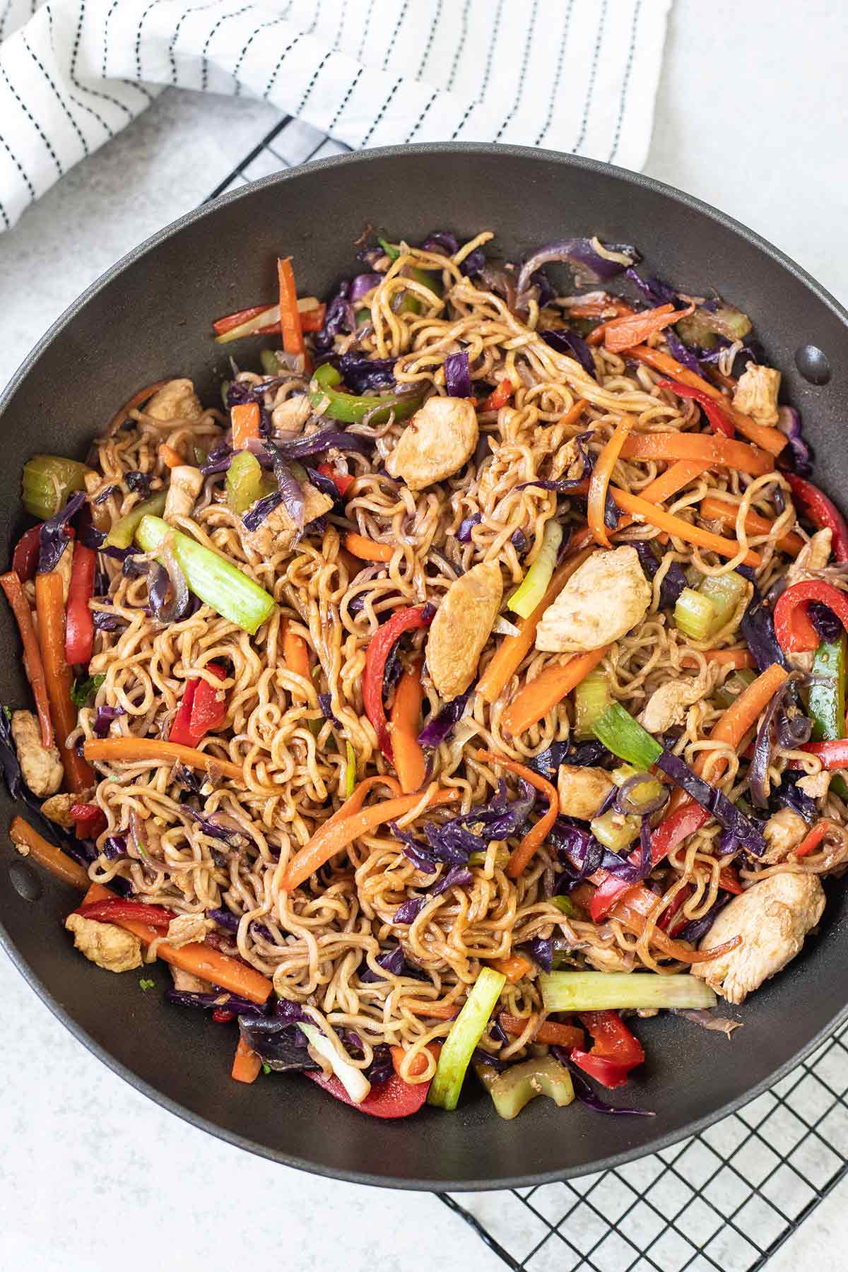 Lo Mein Noodles in a large wok