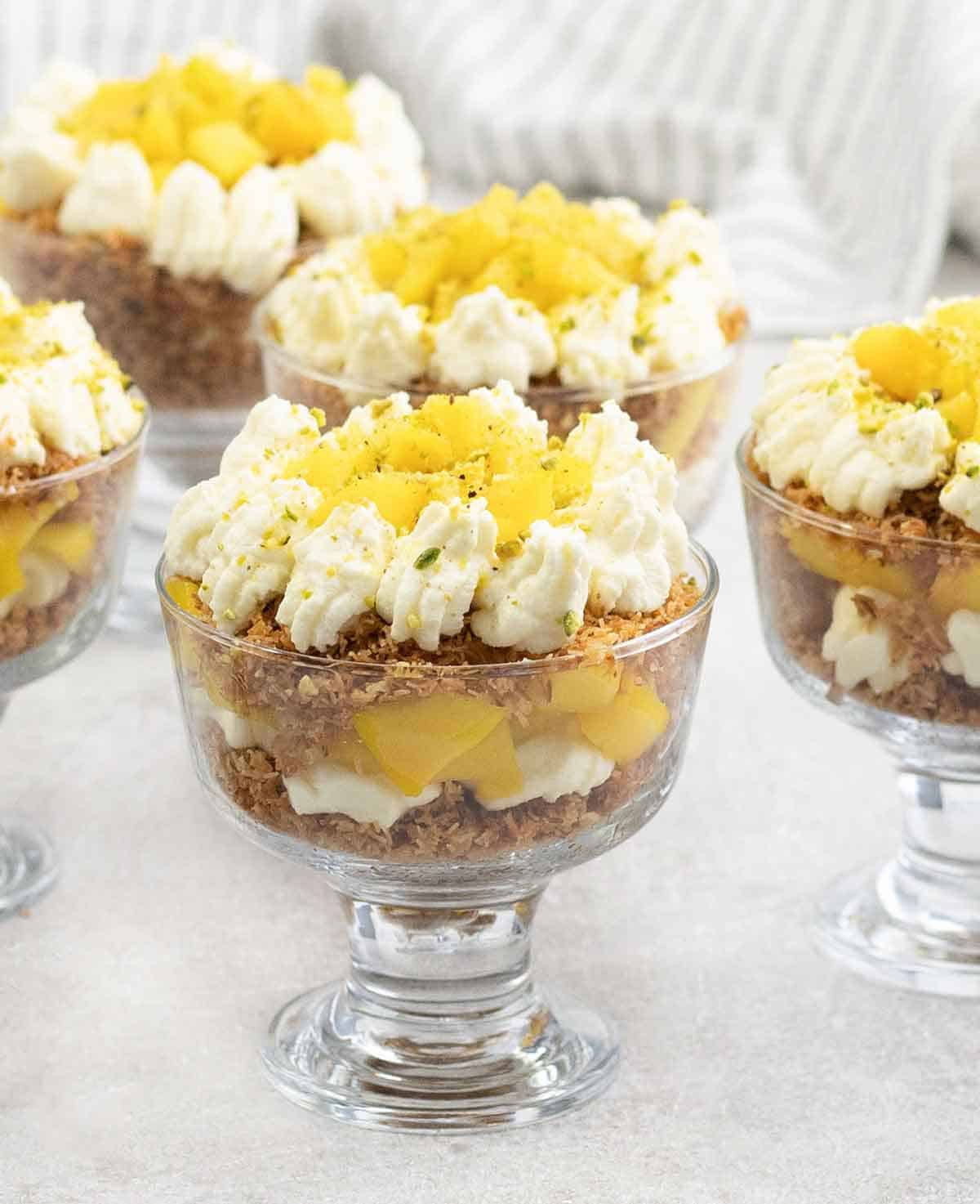 Kunafa With Mango And Cream in cups in Cheesecake Cups