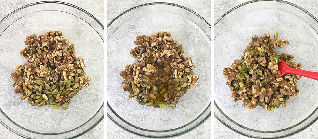 Mix the pistachio and walnut in a mixing bowl.