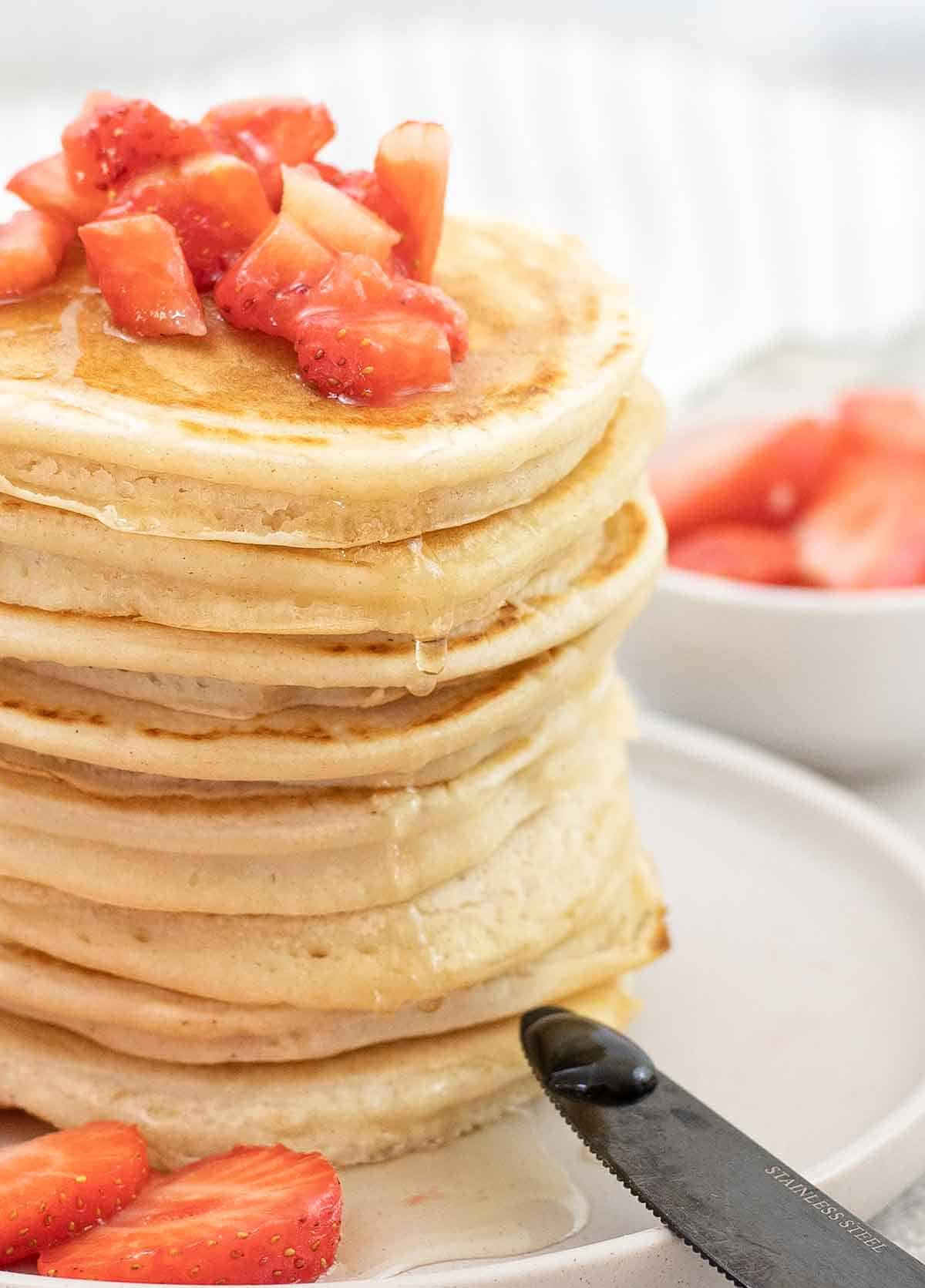 a stack of almond milk pancakes