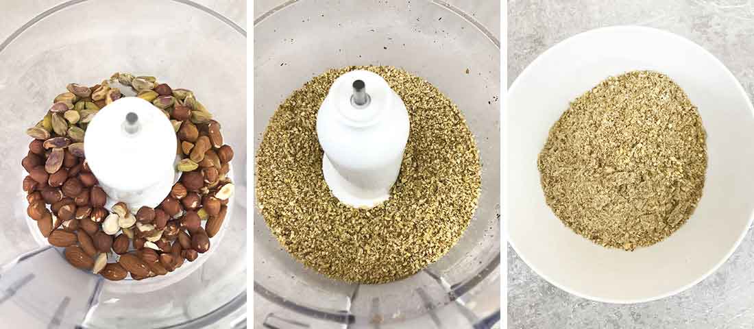 Add almonds, hazelnuts and pistachios in a food processor, pulse until some of the nuts are finely chopped and some roughy chopped.