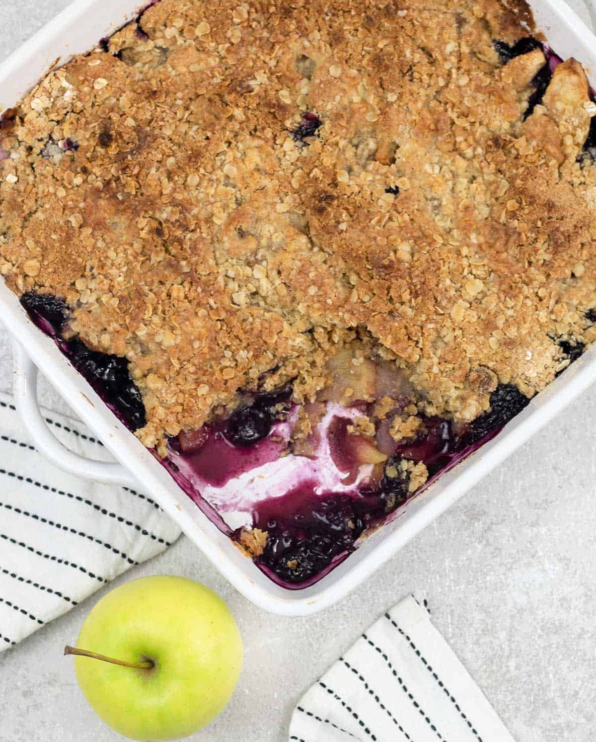 Apple and Blueberry Crumble in a baking pan