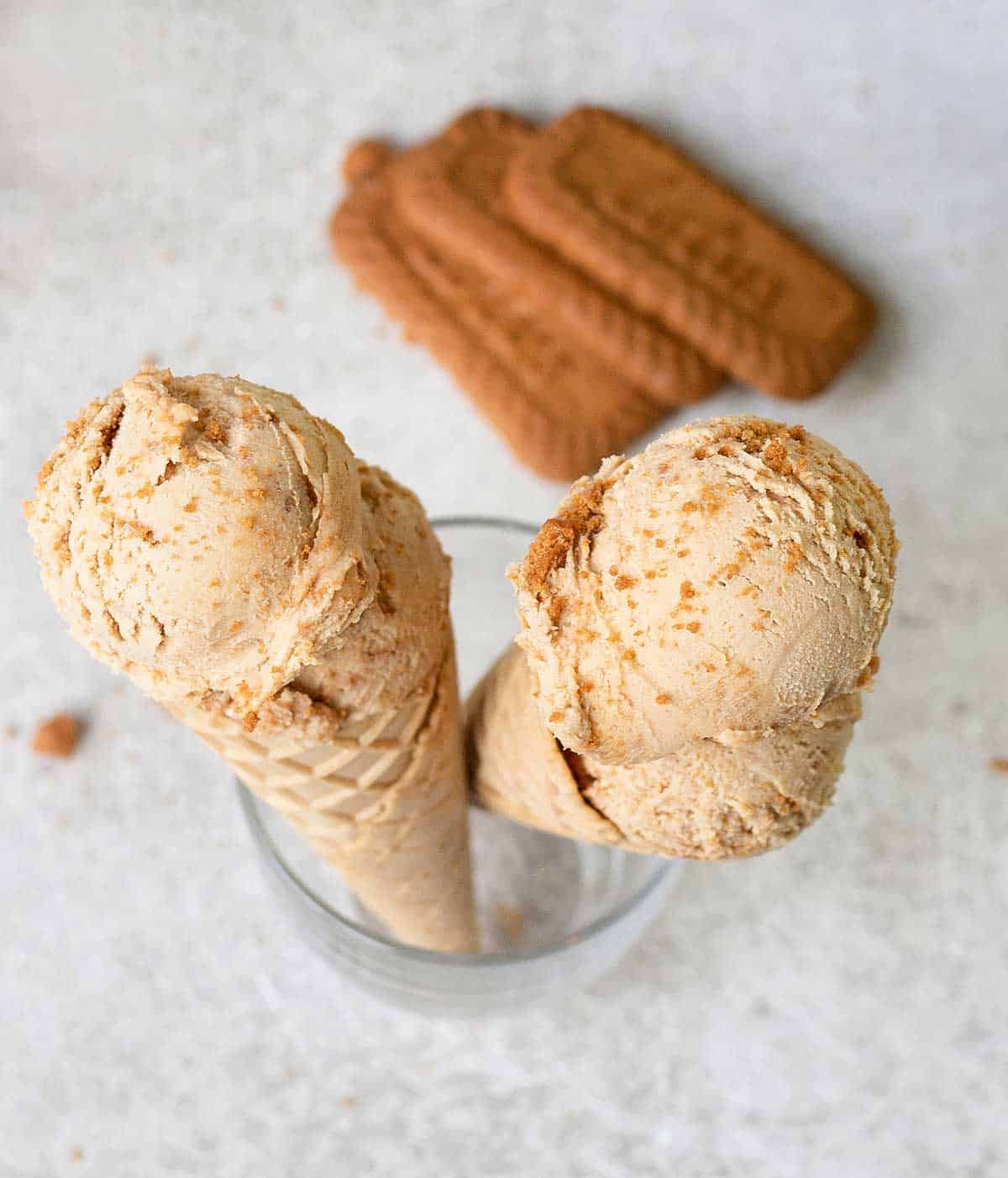 Biscoff Ice Cream cones and 3 Biscoff biscuits.