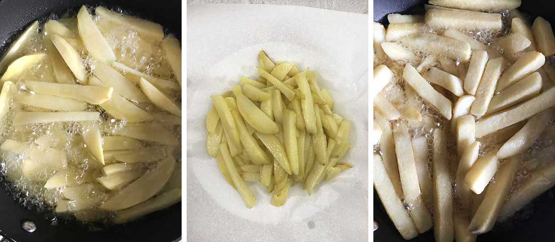 fry the potatoes for 4-5 minutes, take out on paper towels the fry again until golden brown.