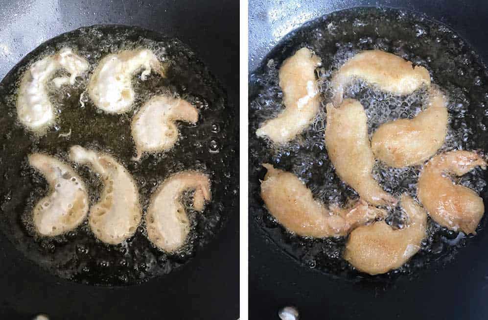 fry the boom boom shrimp in the hot oil for 2-3 minutes on each side.