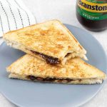 Cheese and Pickle Sandwich and Branston's Pickle jar in the background