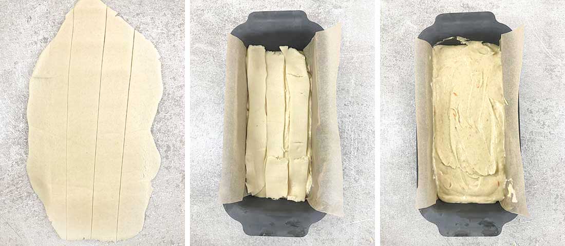 Cut marzipan into strips; pour half the batter into the loaf tin, top it with the marzipan, and pour the remaining batter.