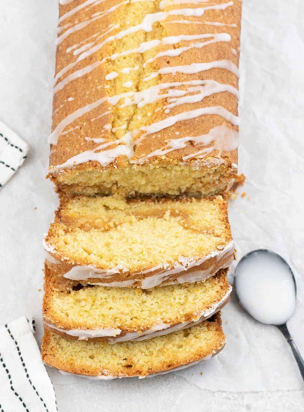 cut the marzipan loaf cake into slices.