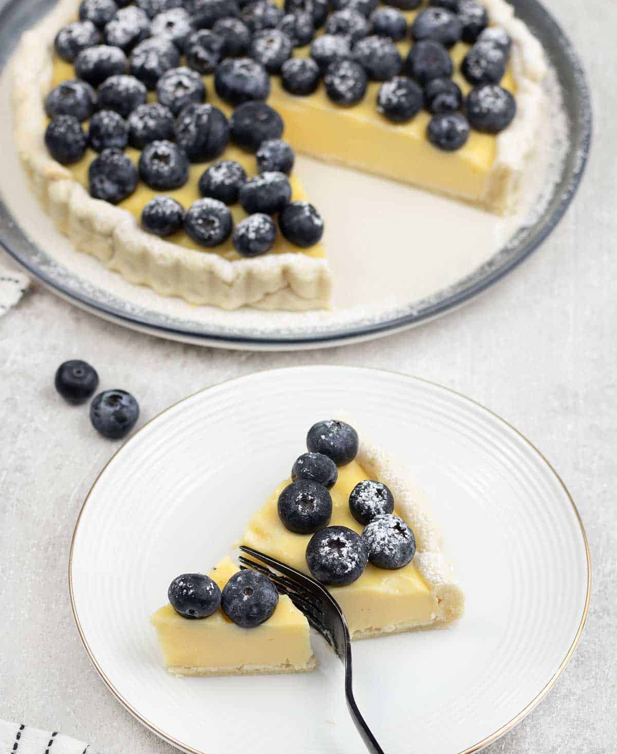 Blueberry Custard Tart slice in a plate