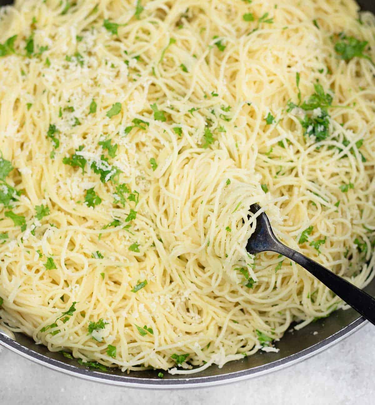 a forkful of Angel Hair Pasta.