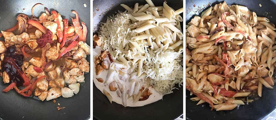 Stir in bbq sauce, tomato puree and chicken stock, Add the heavy cream, half of the cheese and the pasta.