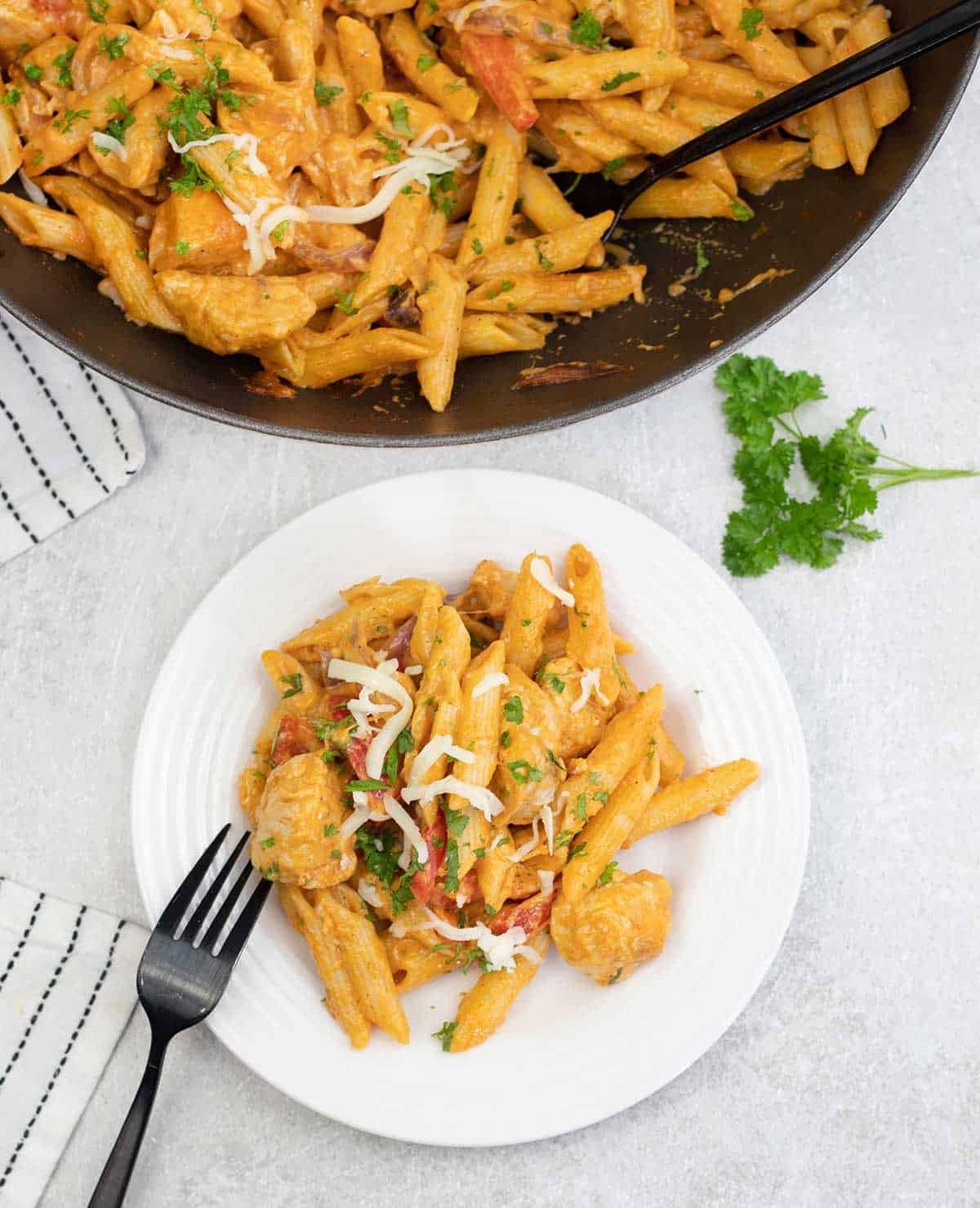 a plate full of BBQ Chicken Pasta.