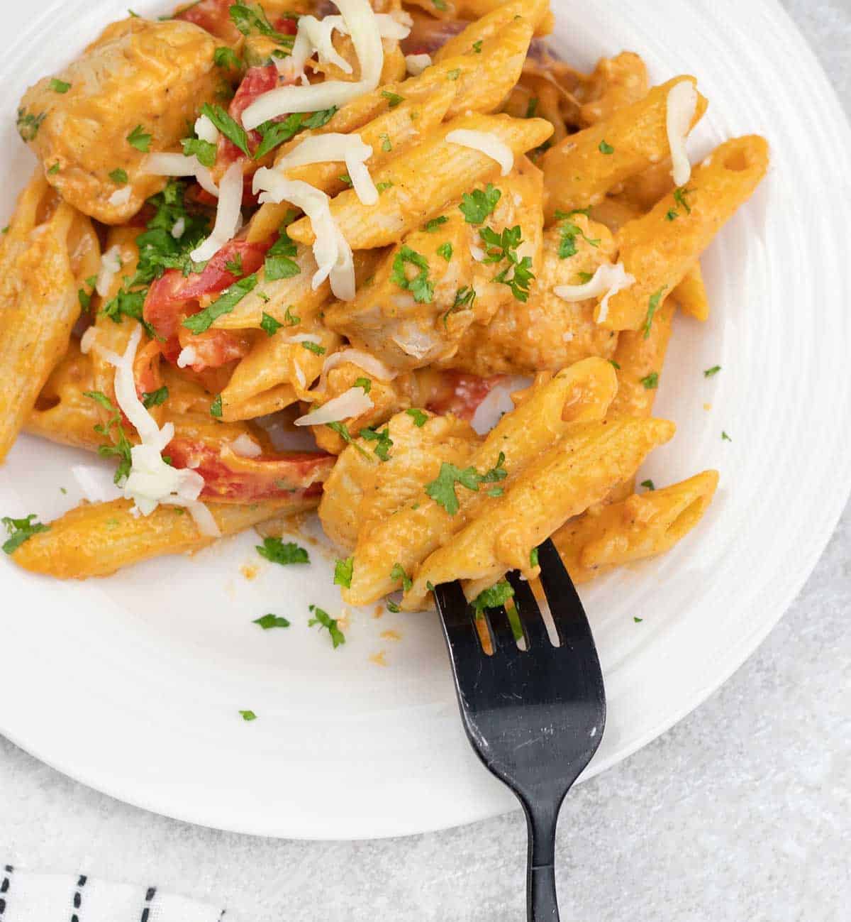 A forkful of BBQ Chicken Pasta.