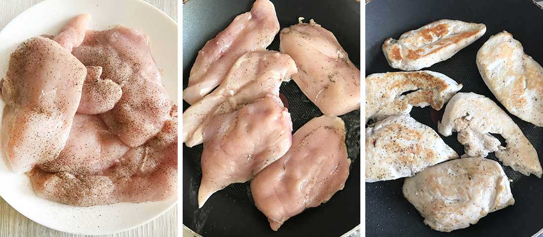 Steps of preparing and cooking the chicken breasts.