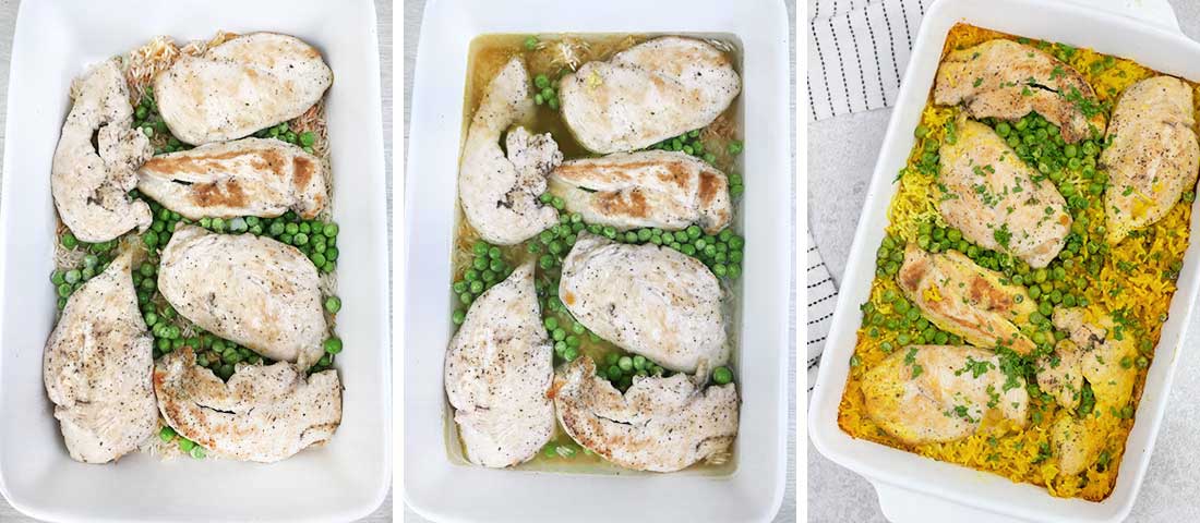 Stir in the peas and add the chicken to the baking pan, and pour in chicken broth and boiling water.