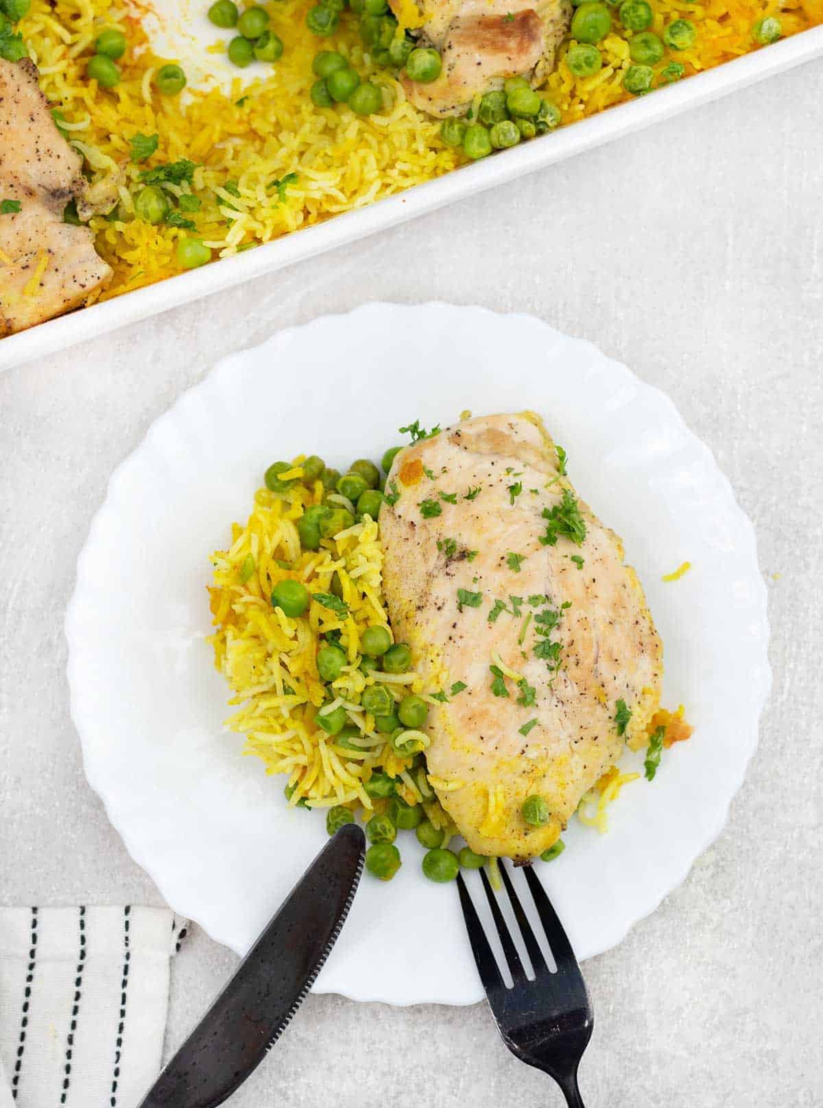 Overhead shot of a plate full of chicken and yellow rice.