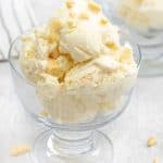 Close shot to no churn honeycomb ice cream topped with honeycomb chips.