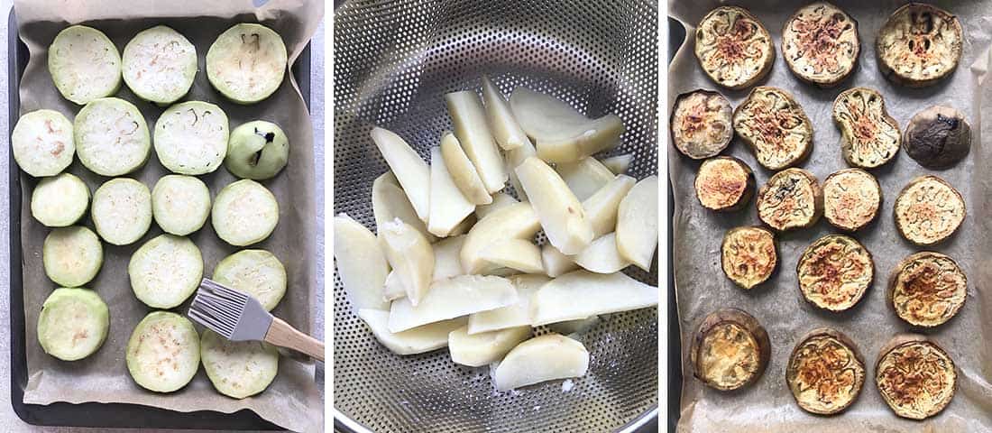 How to bake the eggplants and potatoes for Moussaka recipe.