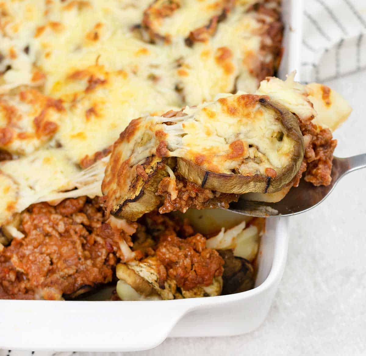 Lamb Moussaka in a baking pan