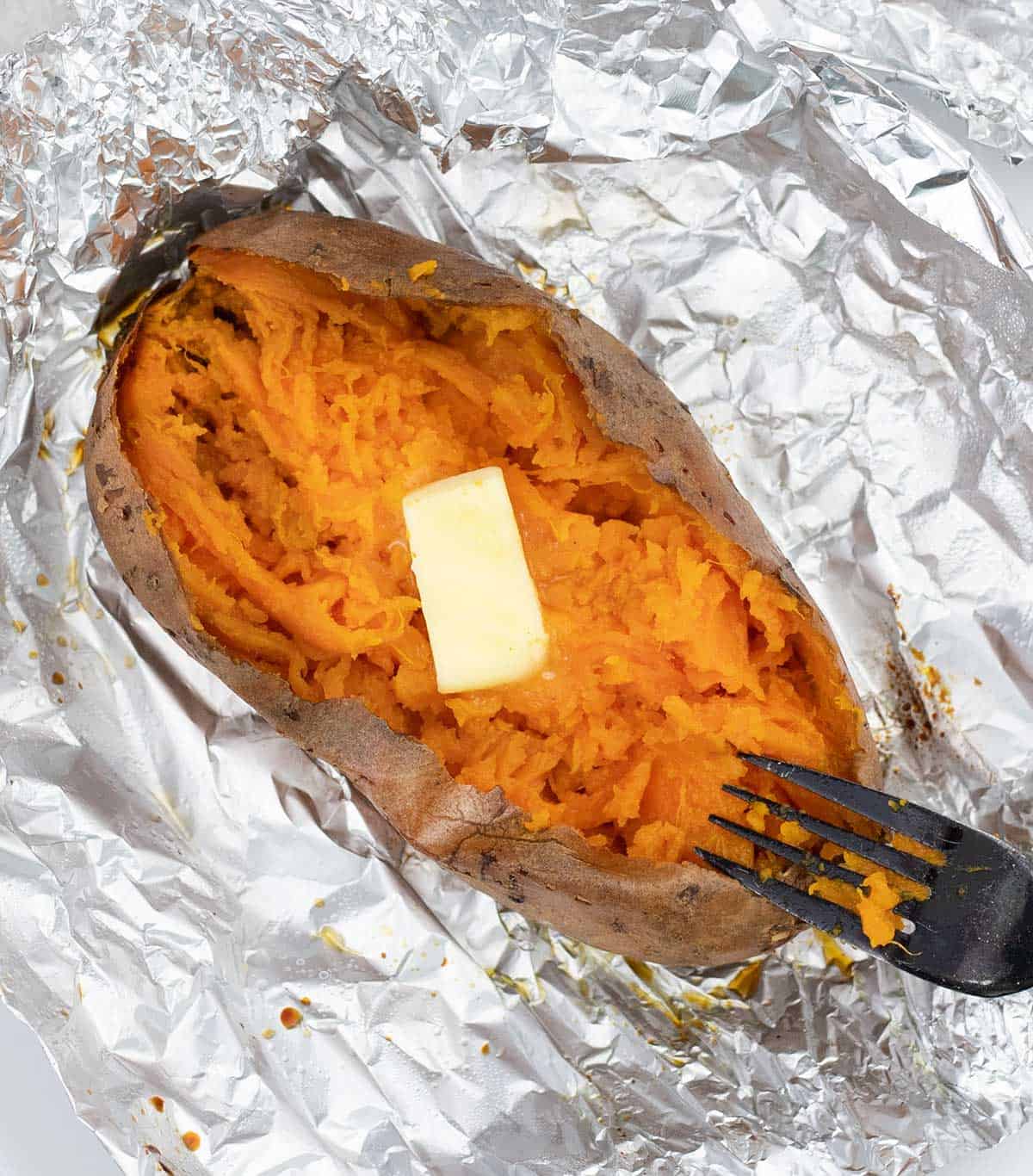 oven Baked Sweet Potatoes on top of Foil sheet