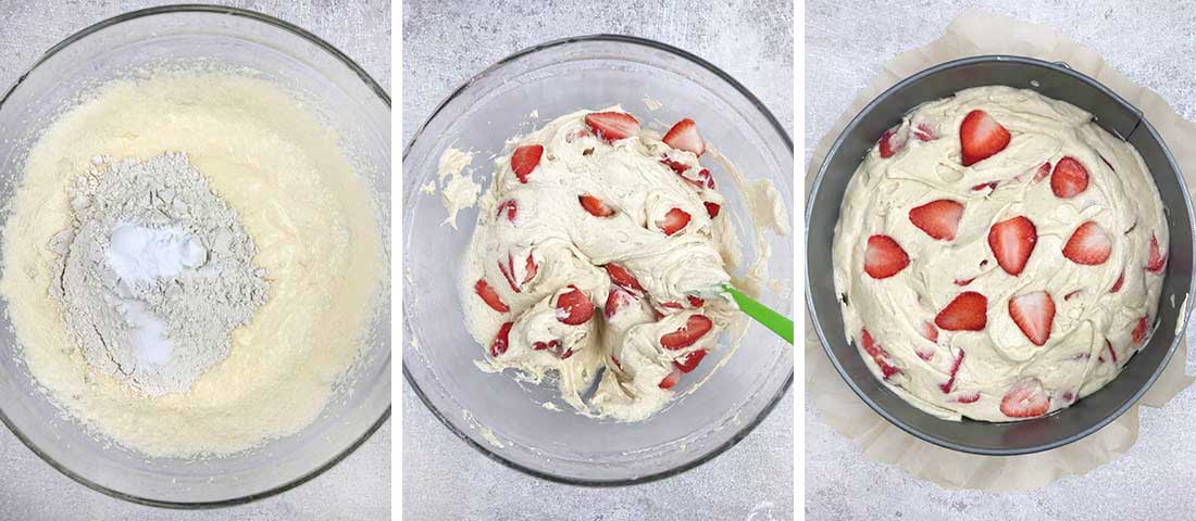 stir in, flour, baking powder, and salt. Fold in the sliced strawberries.