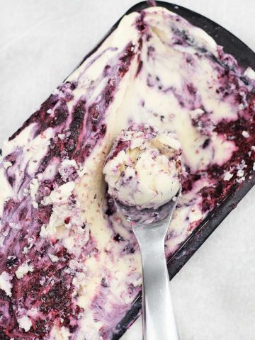 Overhead shot of a tin of Black Raspberry Ice Cream