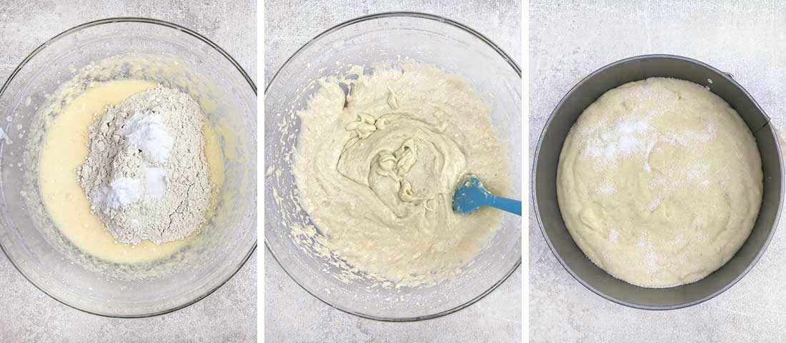 Stir in flour, baking powder, baking soda, and salt. spoon the batter into the pan.