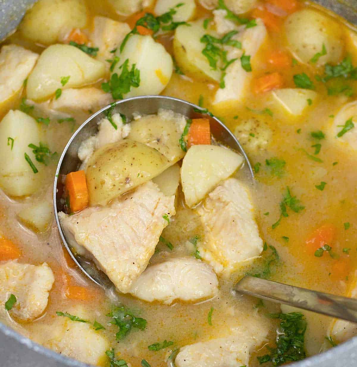 a ladle full of Mediterranean Fish Stew