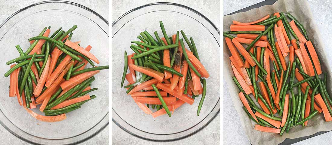 Step by step photo instructions for making Roasted Green Beans and Carrots