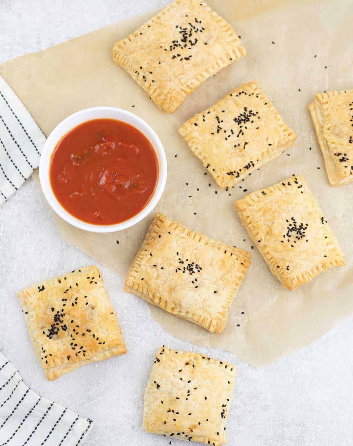 Chicken Puffs and a bowl of salsa.