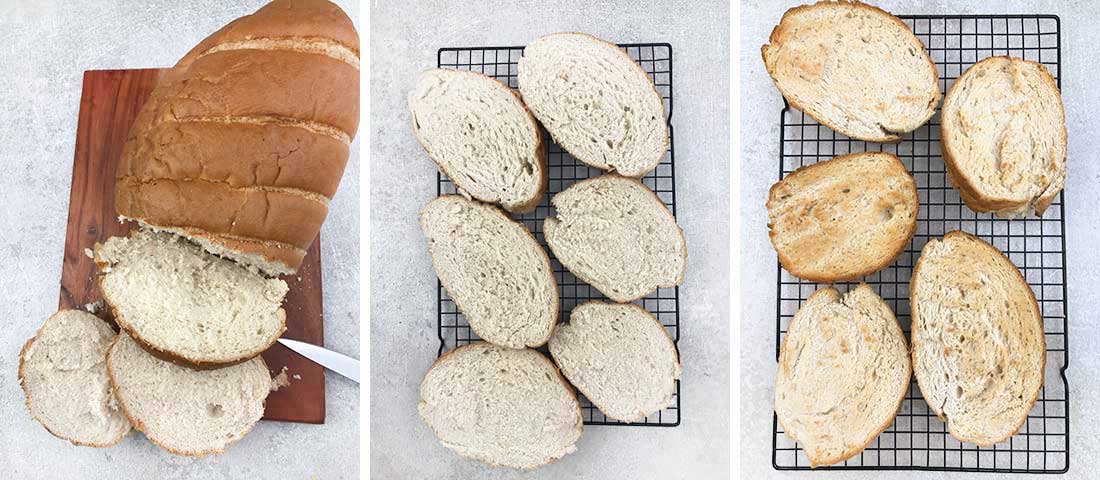 Step by step photo instructions collage for roasting the bread.
