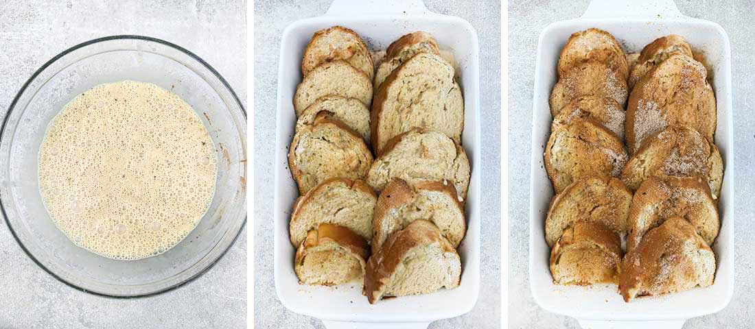 dip the bread in the custard then arrange in the casserole.