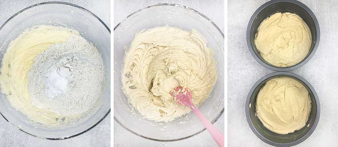 Fold in the flour, baking powder and salt and pour the batter into the 2 cake tins.