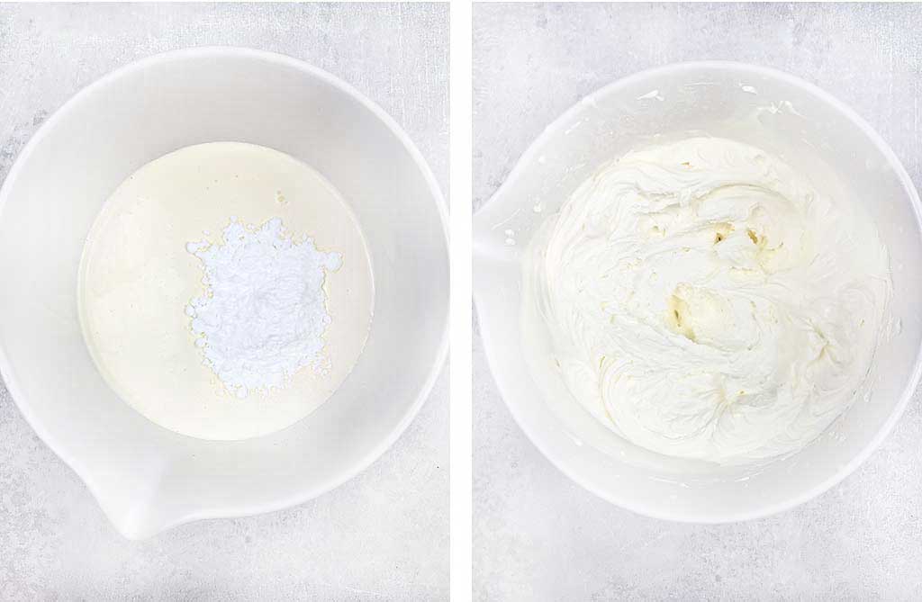 beat heavy cream, icing sugar and vanilla until stiff peaks form.