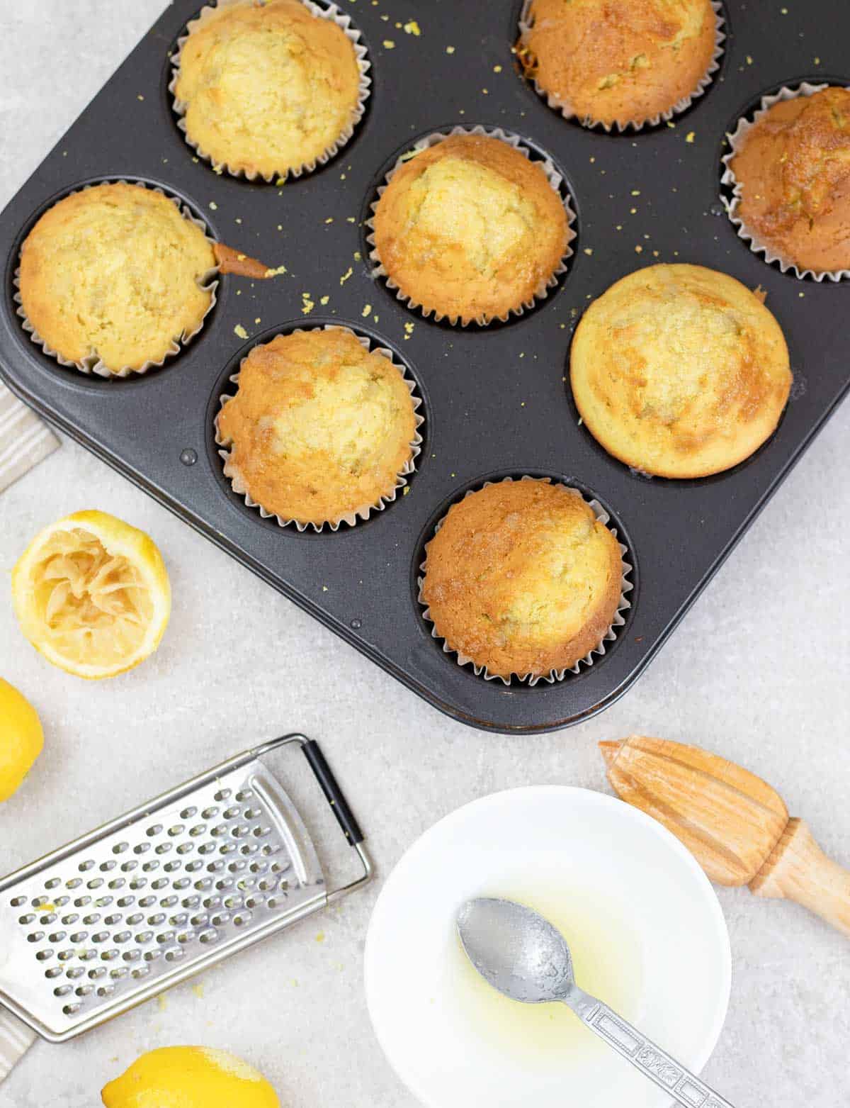 Lemon Drizzle Muffins and a small lemon sugar bowl 