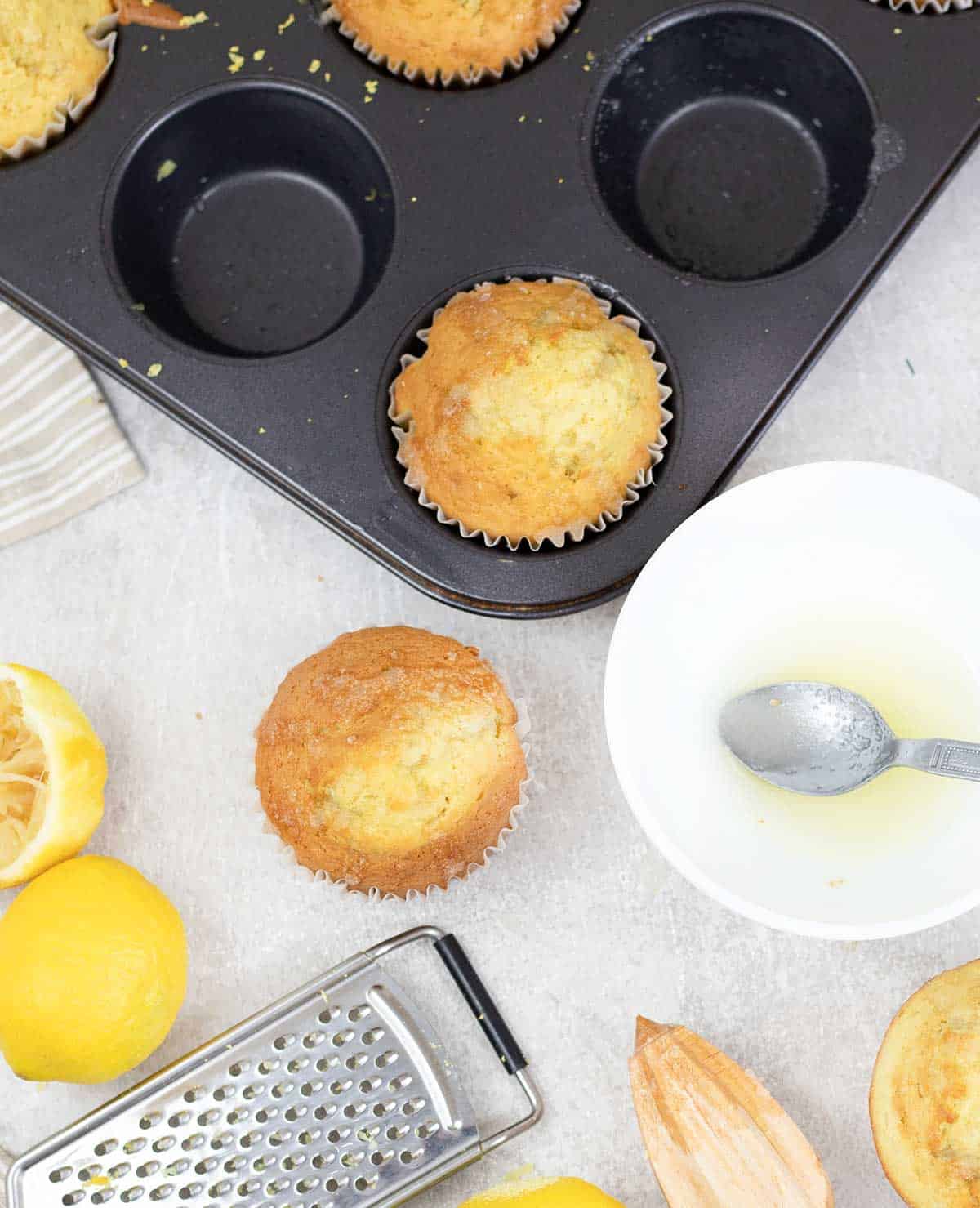 Lemon Drizzle Muffins and a small lemon sugar bowl 