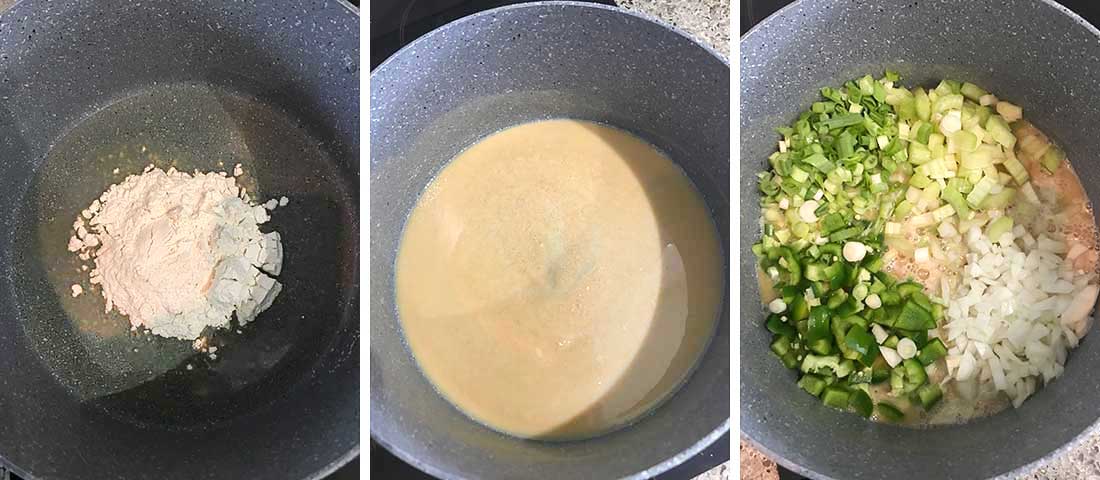 cook flour and oil then add onion, celery, green onions and green pepper.