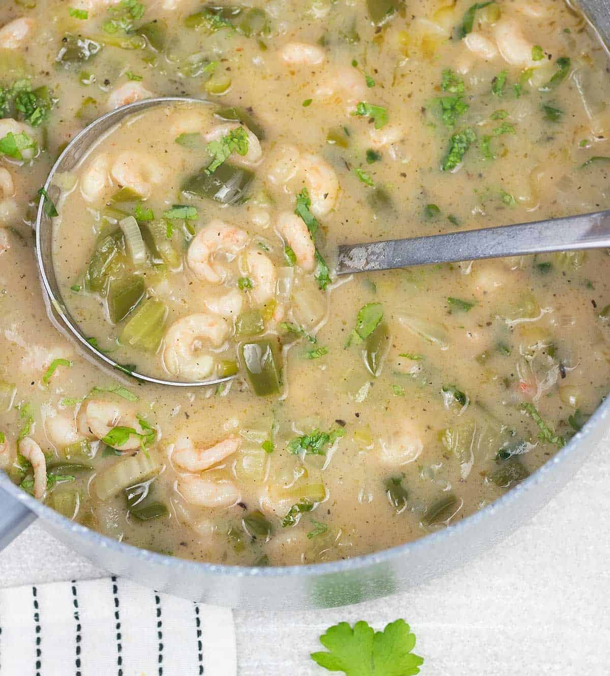 Overhead shot of Seafood Gumbo in a pot.