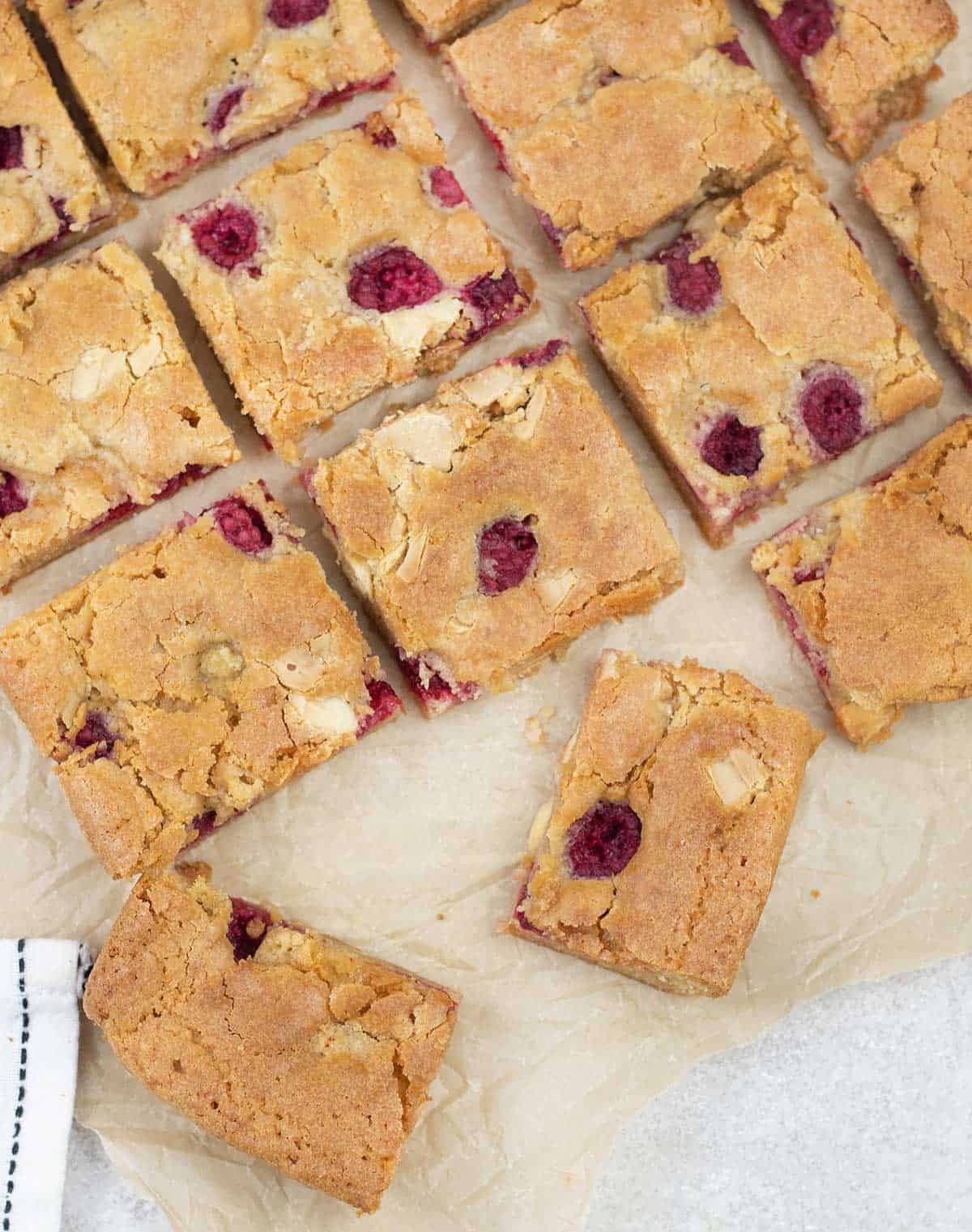 overhead shot to White Chocolate and Raspberry Blondies.