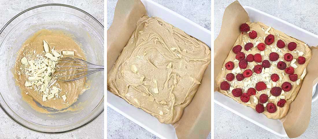 Step by step photo instructions collage for making White Chocolate and Raspberry Blondies