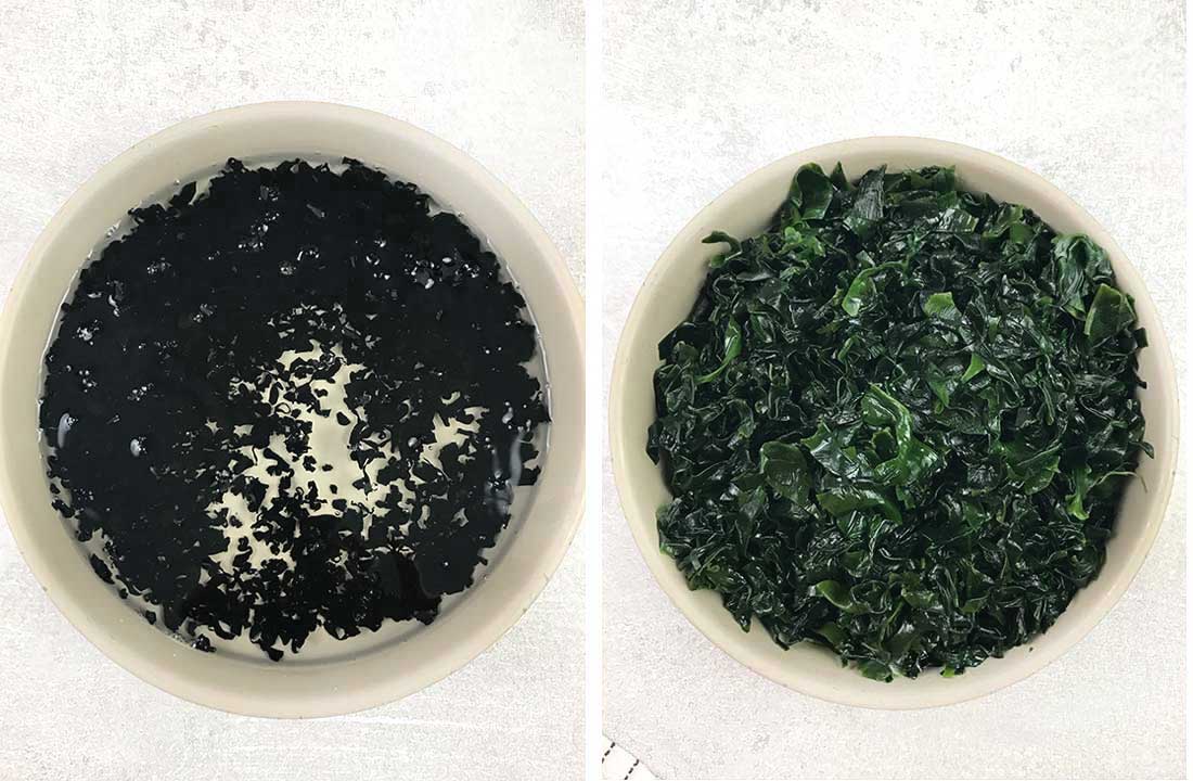 Pour the water over the dried wakame  to Rehydrate.