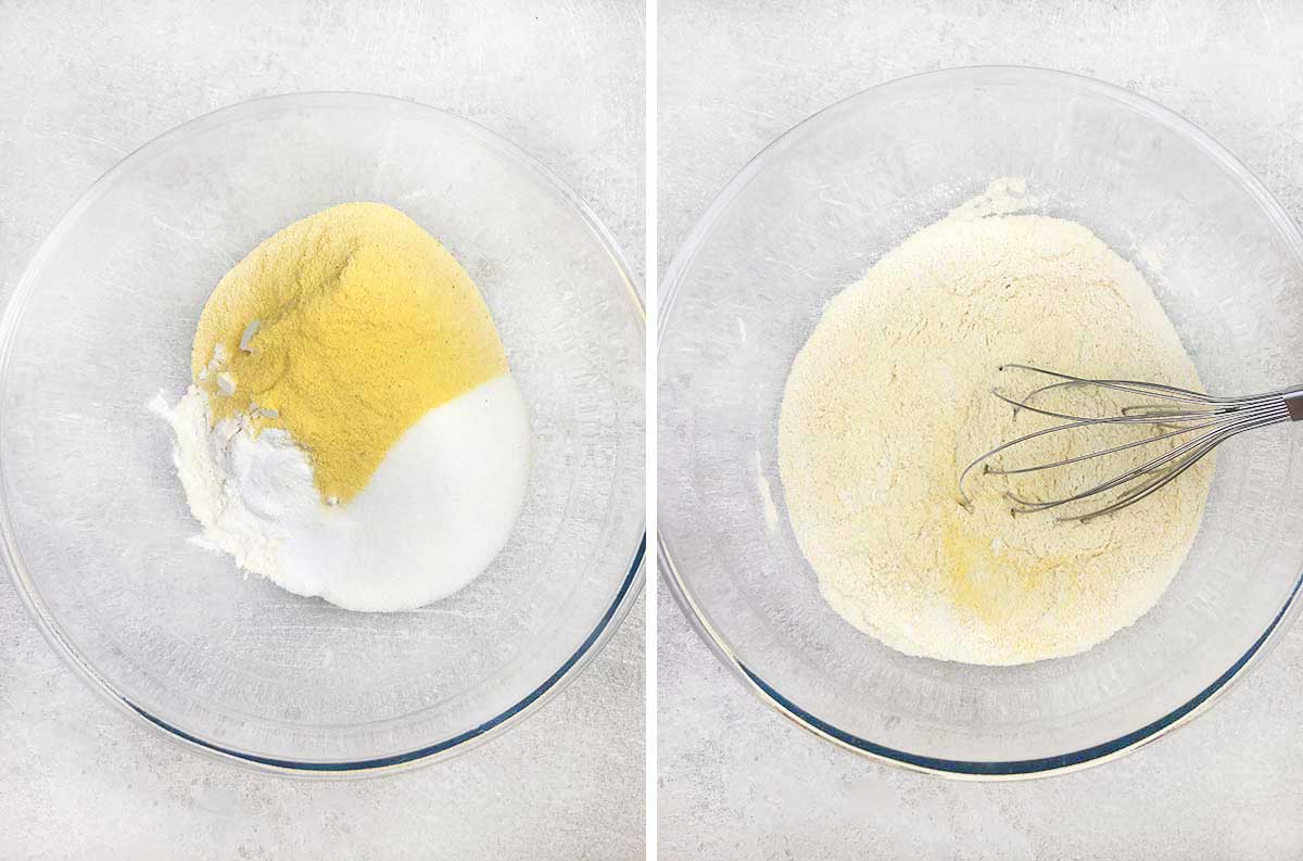 Whisk together the flour, sugar, cornmeal, baking powder and salt.